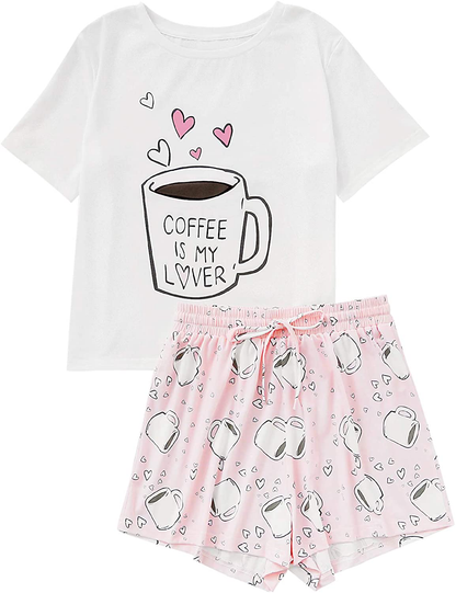 DIDK Women's Cute Cartoon Print Tee and Shorts Pajama Set Apparel & Accessories > Clothing > Sleepwear & Loungewear > Pajamas DIDK Coffee Pink X-Large 
