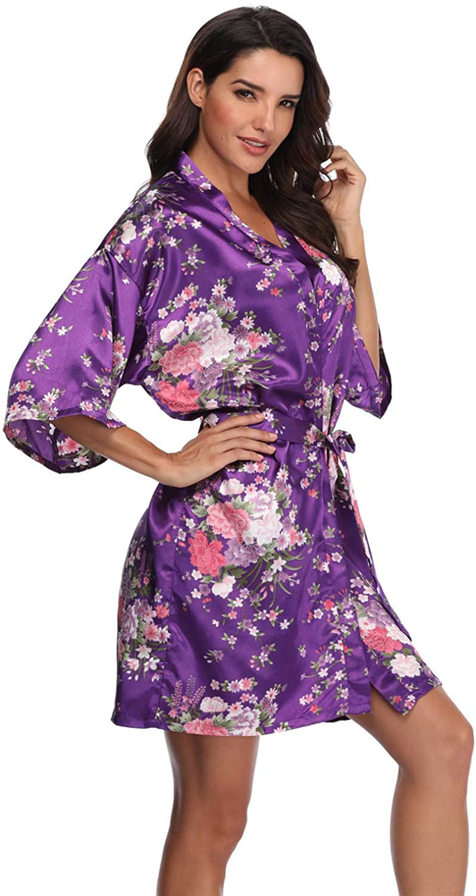 Women'S Floral Short Satin Bridesmaid Robes Silky Bride Robes Getting Ready Apparel & Accessories > Clothing > Sleepwear & Loungewear > Robes Super Shopping-zone Purple Floral 3X-4X 