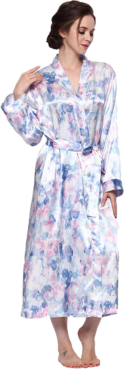 Lavenderi Women'S Long Classic Satin Kimono Lounge Bathrobe Robe Apparel & Accessories > Clothing > Sleepwear & Loungewear > Robes Lavenderi Blue Floral Print X-Large 