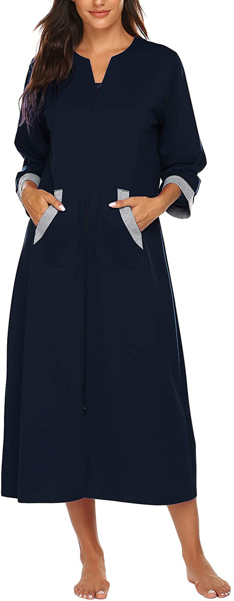 Ekouaer Women Zipper Robe 3/4 Sleeves Loungewear Full Length Sleepwear Pockets Housecoat Long Soft Bathrobe Apparel & Accessories > Clothing > Sleepwear & Loungewear > Robes Ekouaer Style 1-navy Small 