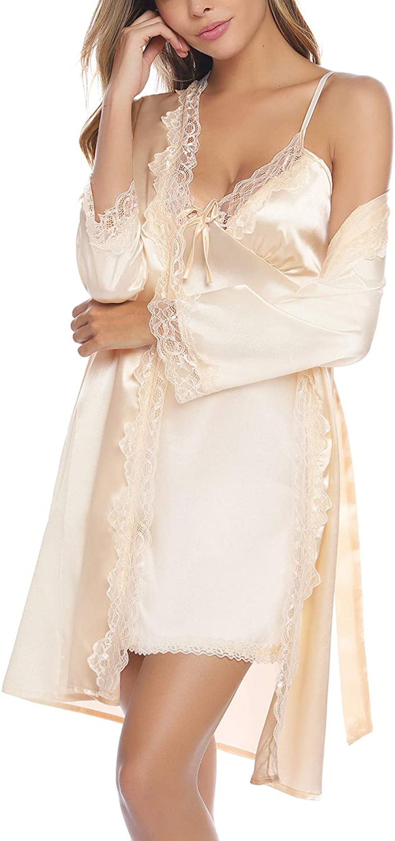 Sykooria Sexy Satin Robes for Women Lace Pajamas Set 2 Piece Sleepwear Ladies Lingerie Nightgown for Bride Party Apparel & Accessories > Clothing > Sleepwear & Loungewear > Robes Sykooria   