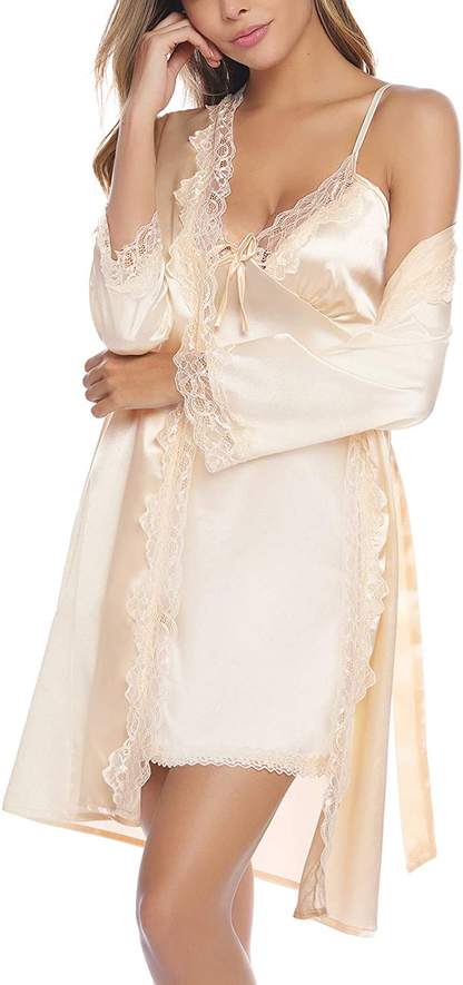 Sykooria Sexy Satin Robes for Women Lace Pajamas Set 2 Piece Sleepwear Ladies Lingerie Nightgown for Bride Party Apparel & Accessories > Clothing > Sleepwear & Loungewear > Robes Sykooria   