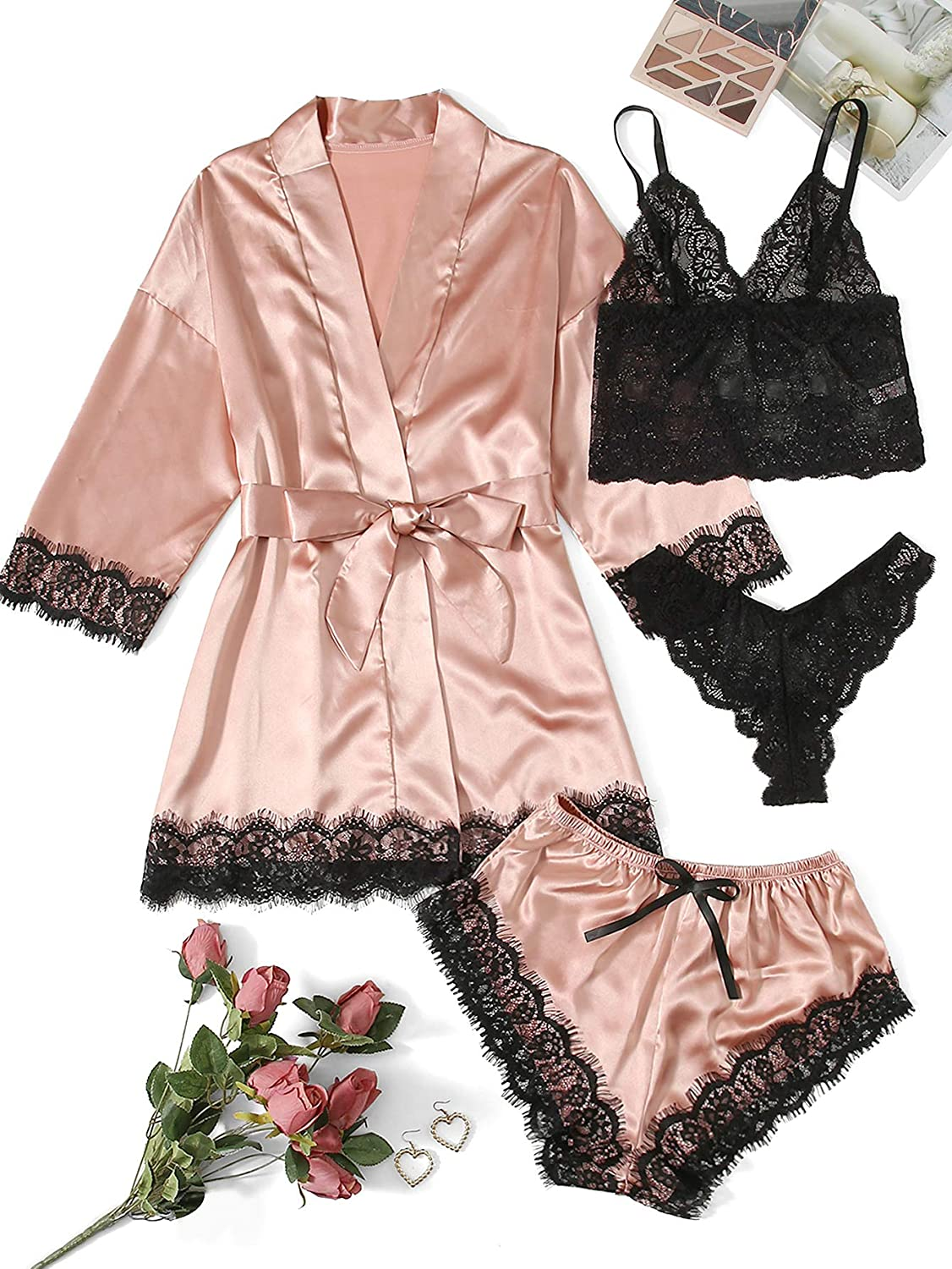 WDIRARA Women'S 4 Pieces Satin Floral Lace Cami Top Lingerie Pajama Set with Robe Apparel & Accessories > Clothing > Underwear & Socks > Lingerie WDIRARA   