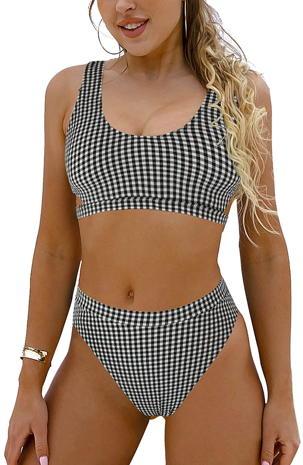 Blooming Jelly Women's High Waisted Swimsuit Crop Top Cut Out Two Piece Cheeky High Rise Bathing Suit Bikini Apparel & Accessories > Clothing > Swimwear Blooming Jelly Black and White Gingham X-Large 
