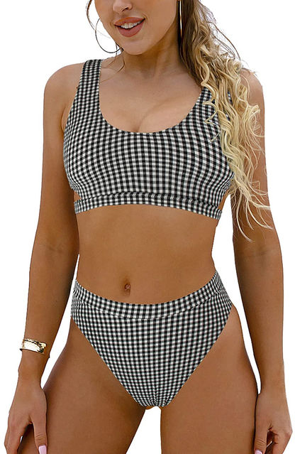Blooming Jelly Women's High Waisted Swimsuit Crop Top Cut Out Two Piece Cheeky High Rise Bathing Suit Bikini Apparel & Accessories > Clothing > Swimwear Blooming Jelly Black and White Gingham X-Large 