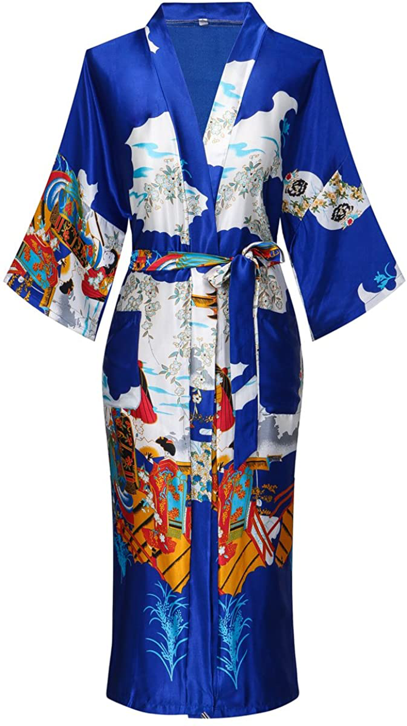 Dandychic Women'S Kimono Robes Lightweight Imitation Silk Sleepwear Long Lightweight Nightgown for Women Apparel & Accessories > Clothing > Sleepwear & Loungewear > Robes DandyChic Royal Blue Large 