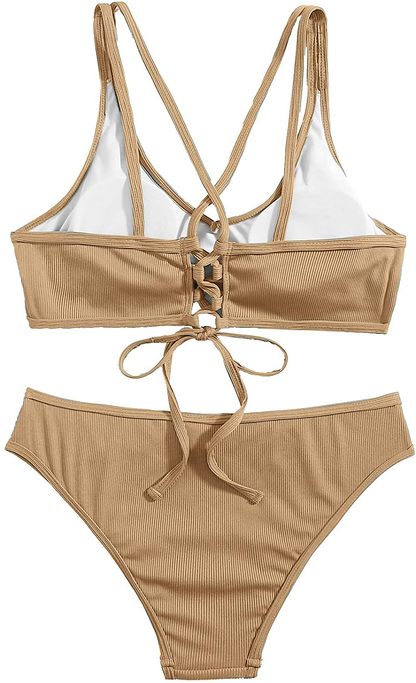 SweatyRocks Women's Bathing Suits Spaghetti Strap Criss Cross Back Bikini Ribbed Swimsuit Apparel & Accessories > Clothing > Swimwear SweatyRocks   