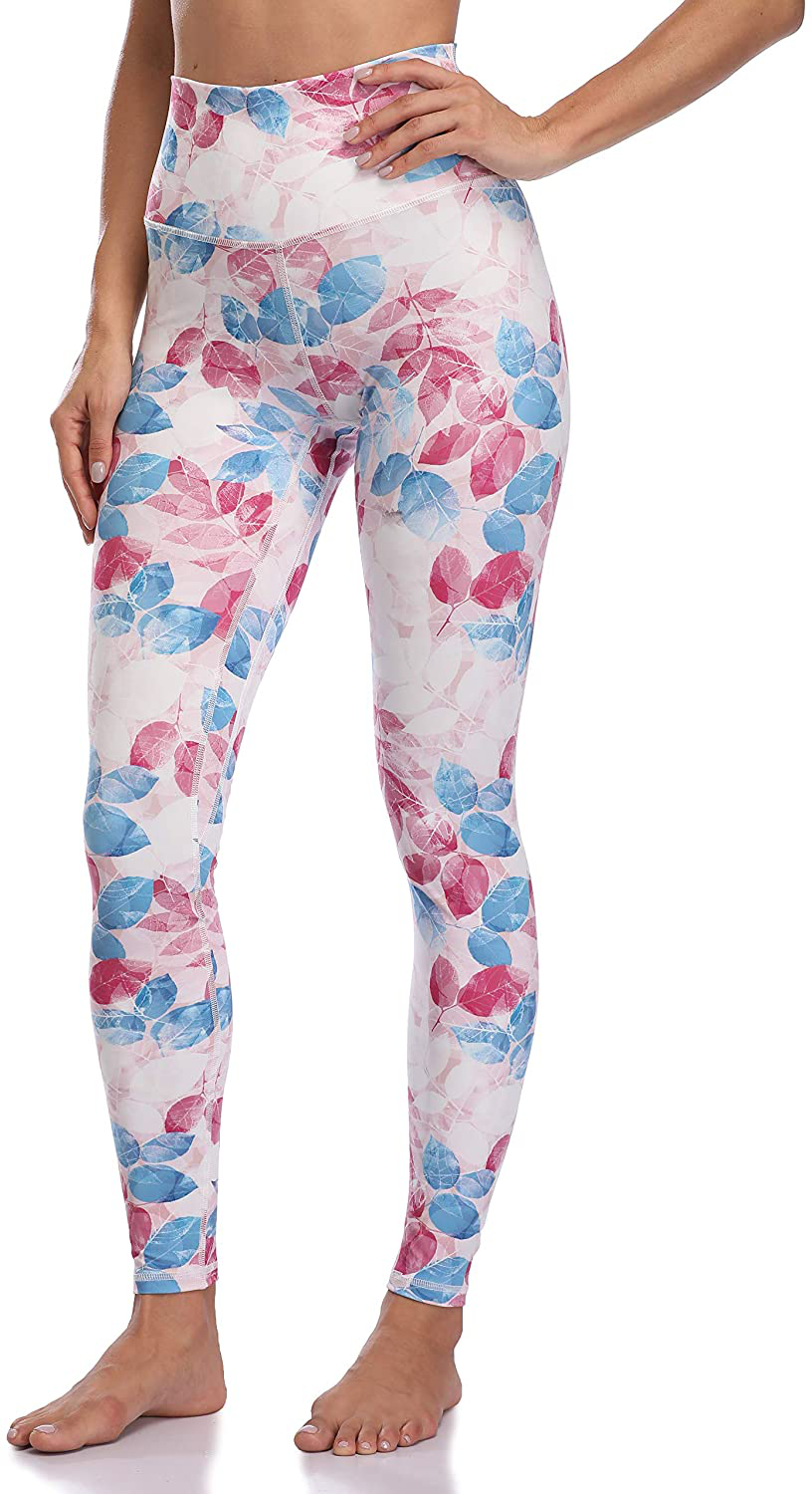 Colorfulkoala Women's High Waisted Pattern Leggings Full-length Yoga Pants Apparel & Accessories > Clothing > Activewear Colorfulkoala Pink ＆ Blue Fallen Leaves X-Small 