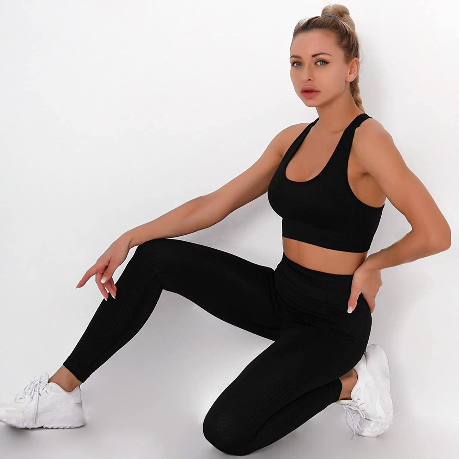 Burband Womens Ribbed Seamless Yoga Outfits 2 Piece Tracksuits Sports Bra Seamless Leggings Yoga Gym Workout Set Activewear Apparel & Accessories > Clothing > Underwear & Socks > Shapewear Burband   