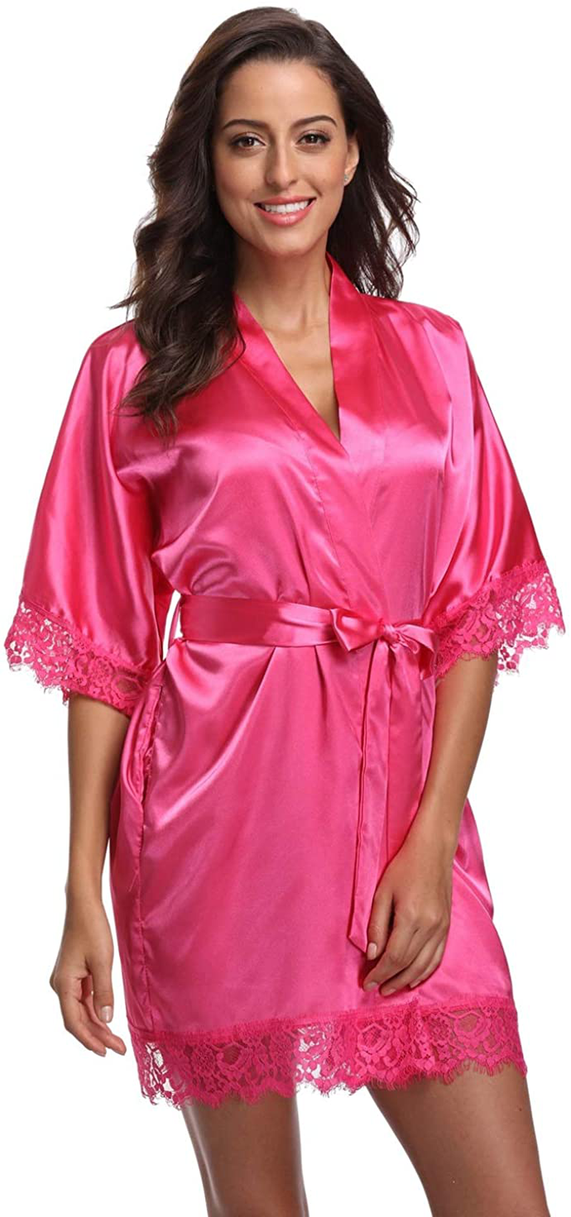 Original Kimono Women'S Lace-Trimmed Satin Short Kimono Robe Bathrobe Loungewear Apparel & Accessories > Clothing > Sleepwear & Loungewear > Robes Original Kimono   