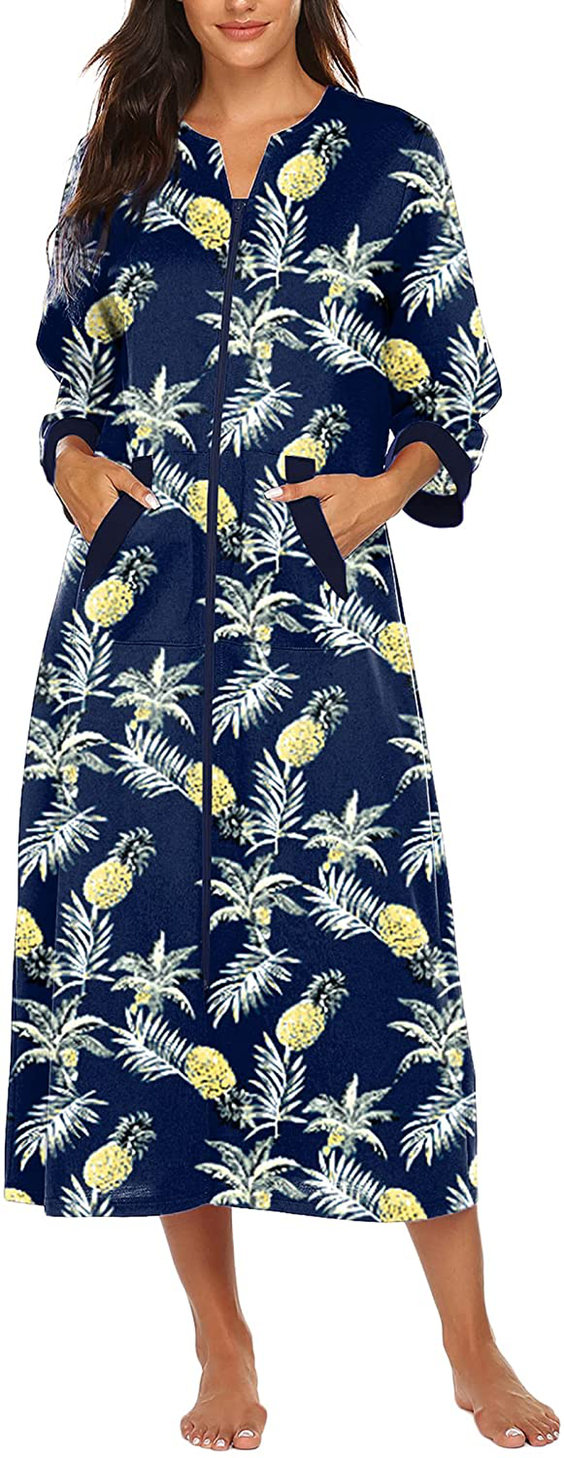 Ekouaer Women Zipper Robe 3/4 Sleeves Loungewear Full Length Sleepwear Pockets Housecoat Long Soft Bathrobe Apparel & Accessories > Clothing > Sleepwear & Loungewear > Robes Ekouaer Style 1-pat6 Small 
