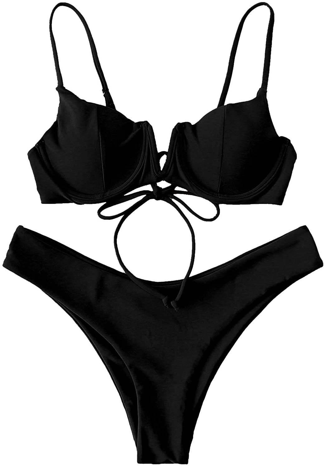 SweatyRocks Women's Sexy Bathing Suits Spaghetti Strap Floral Bikini Set Underwire Swimsuit Apparel & Accessories > Clothing > Swimwear SweatyRocks Solid Black Small 