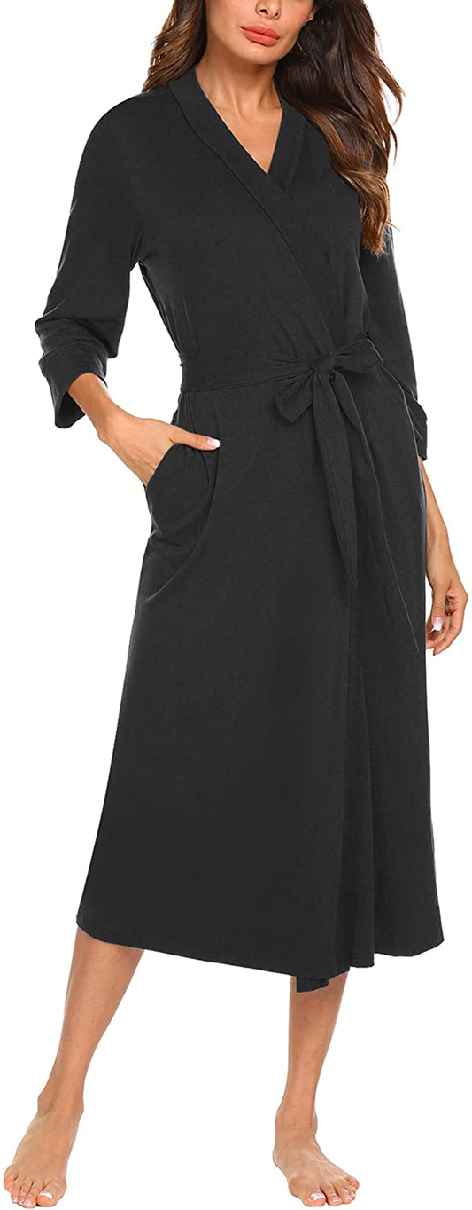 MAXMODA Women Kimono Robes Long Knit Bathrobe Soft Robe Casual Ladies Loungewear S-3XL Apparel & Accessories > Clothing > Sleepwear & Loungewear > Robes MAXMODA A02-black X-Large 