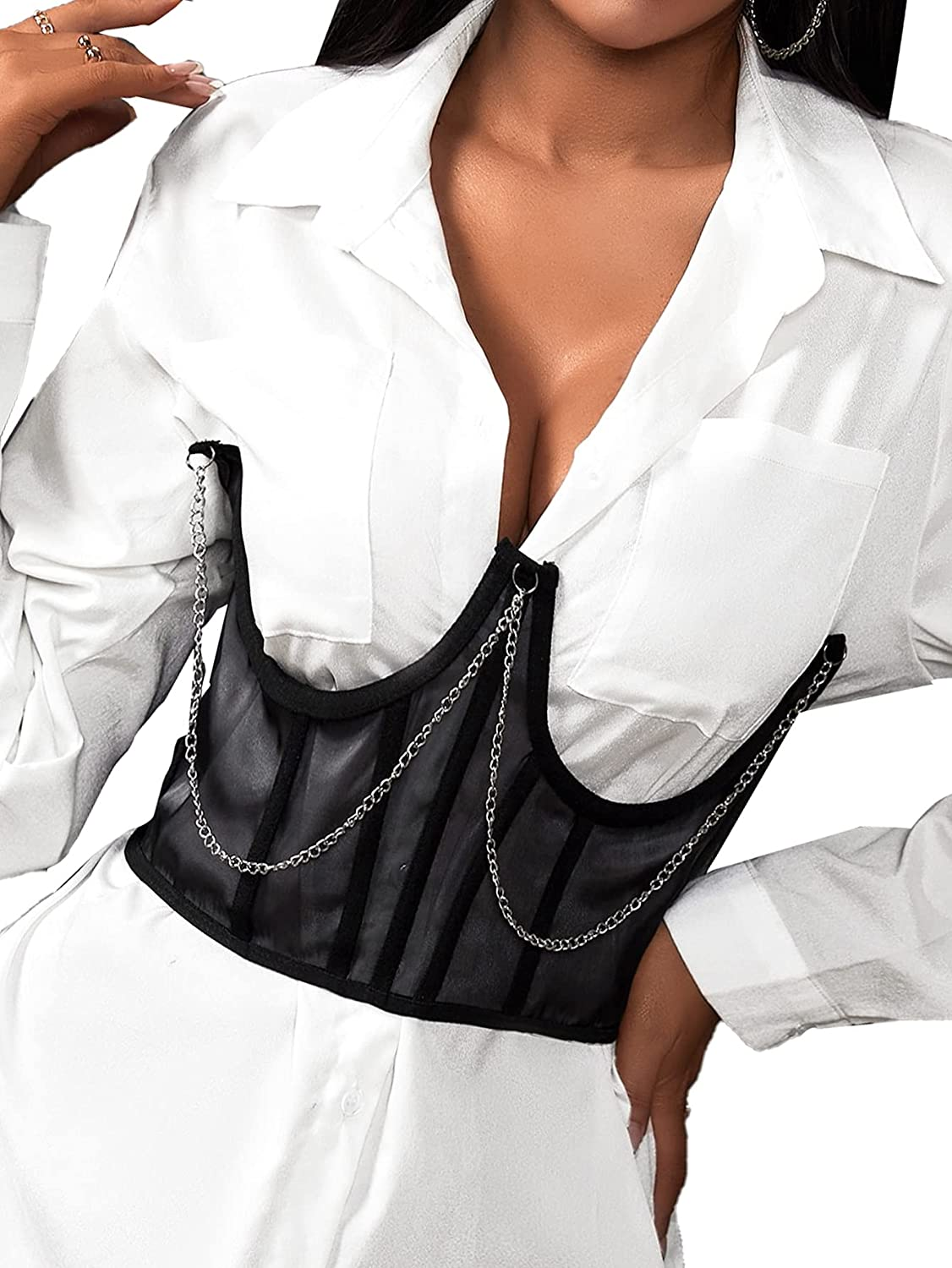 Shein Women'S Sequin Lace up Tie Back Bustier Corset Sheer Mesh Cincher Wide Belt Apparel & Accessories > Clothing > Underwear & Socks > Lingerie SheIn Black With Chain Large 