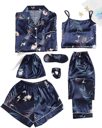 Shein Women'S plus Size Sleepwear 7Pcs Satin Pajama Sets Cami Shorts Loungewear Apparel & Accessories > Clothing > Sleepwear & Loungewear Kylie Max   