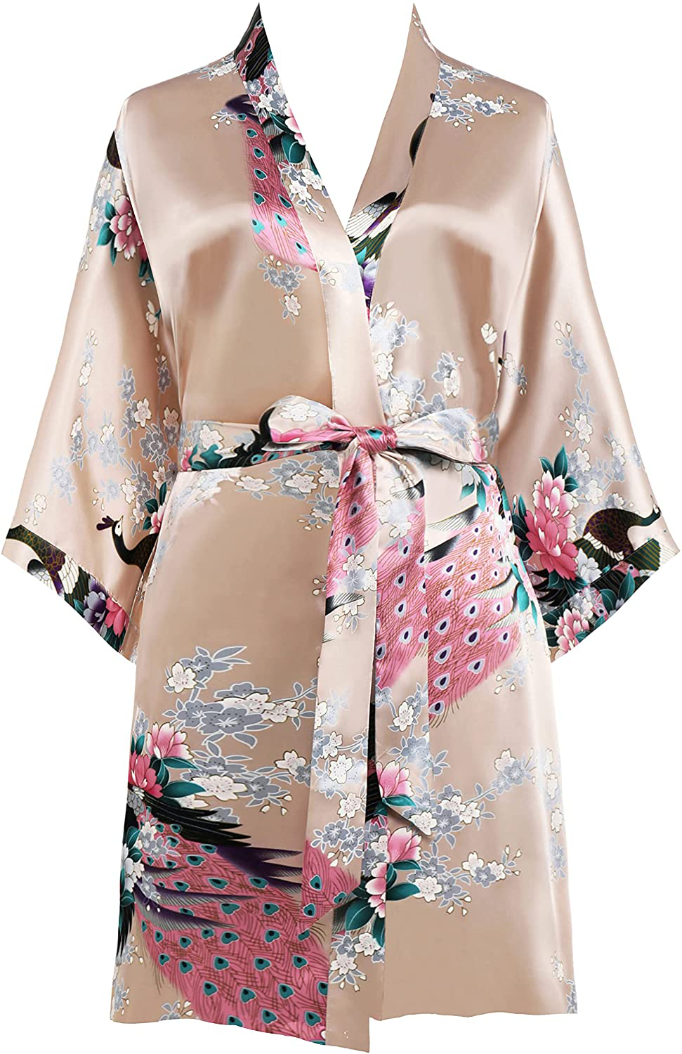 BABEYOND Short Kimono Robe Blouse Peacock Printed Kimono Cover up Loose Cardigen Apparel & Accessories > Clothing > Sleepwear & Loungewear > Robes KYLIE MAX Apricot  