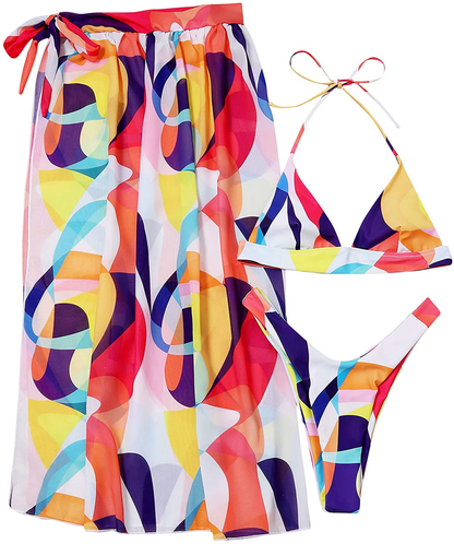 SOLY HUX Women's Wrap Triangle Bikini Bathing Suits with Mesh Beach Skirt 3 Piece Swimsuits Apparel & Accessories > Clothing > Swimwear KYLIE MAX Colorblock Medium 