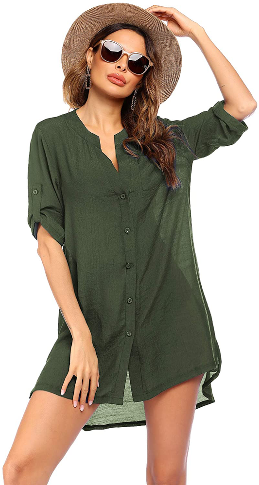 Ekouaer Women'S Cover up Shirt V-Neck Swimsuit Beach Bikini Beachwear Button down Bathing Suit S-3XL Apparel & Accessories > Clothing > Swimwear Kylie Max   