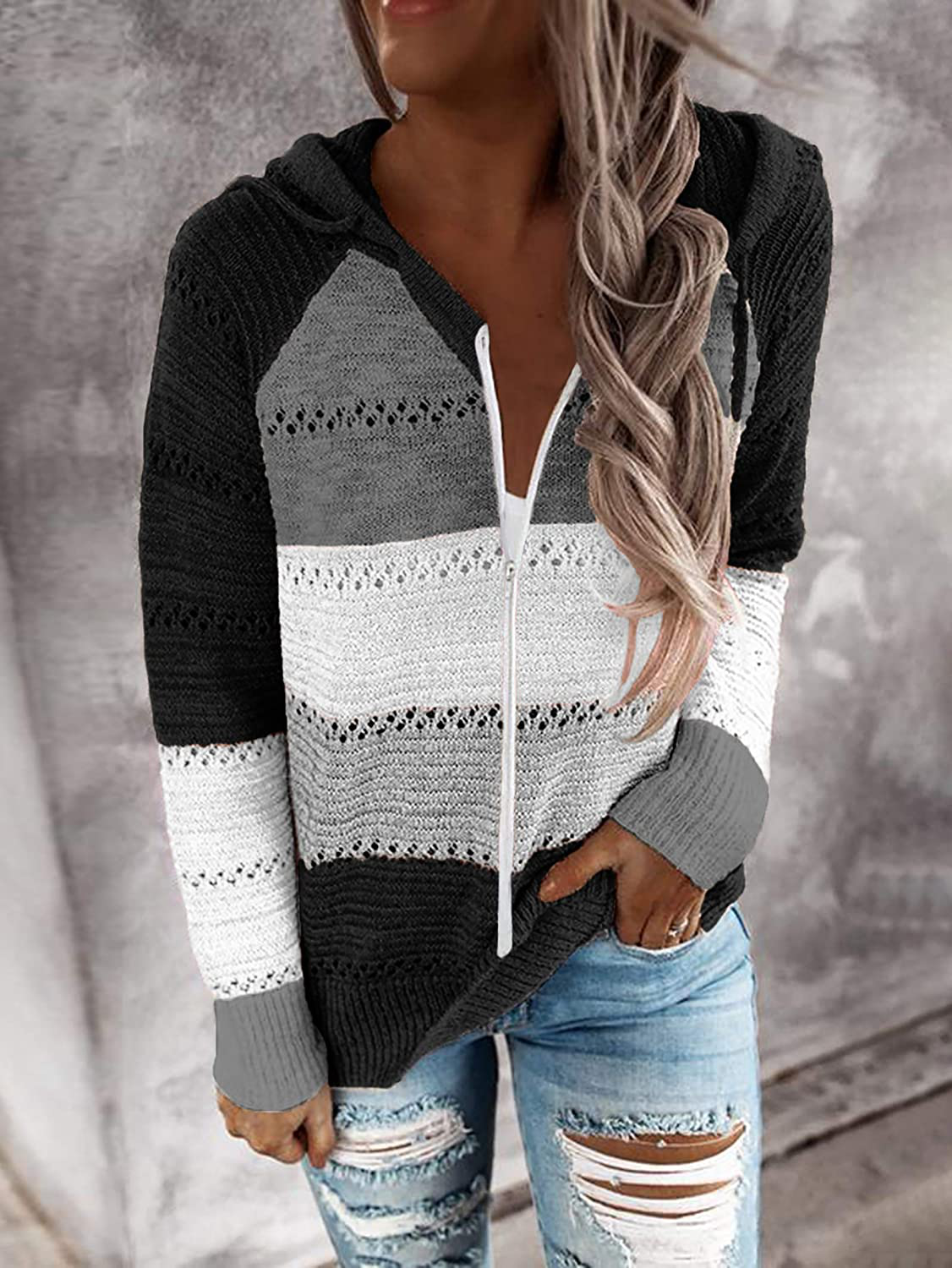 BTFBM Women Zip up Striped Hoodies Jackets Color Block Print Long Sleeve Drawstring Stretchy Casual Pullover Sweatshirts Apparel & Accessories > Clothing > Activewear Kylie Max   