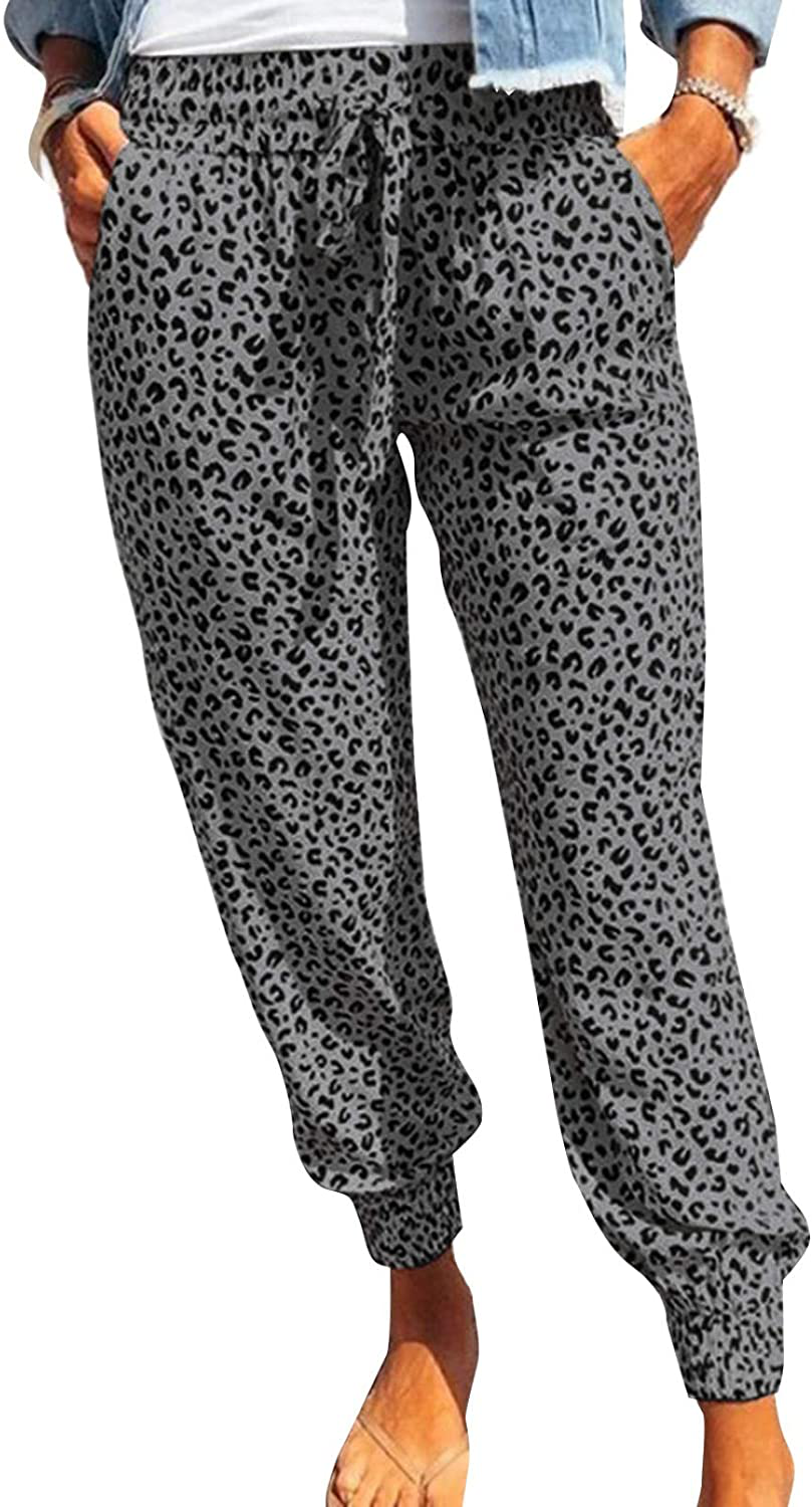 ROSKIKI Womens Leopard Drawstring Elastic Waist Sports Lounge Pants with Pockets Apparel & Accessories > Clothing > Activewear Kylie Max   