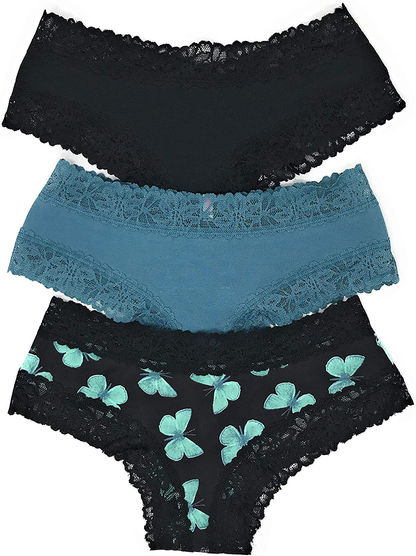 Victoria'S Secret Pink Cheekster Panty Set of 3  Victoria's Secret Lace Trim Black / Status Blue / Butterflies Medium 