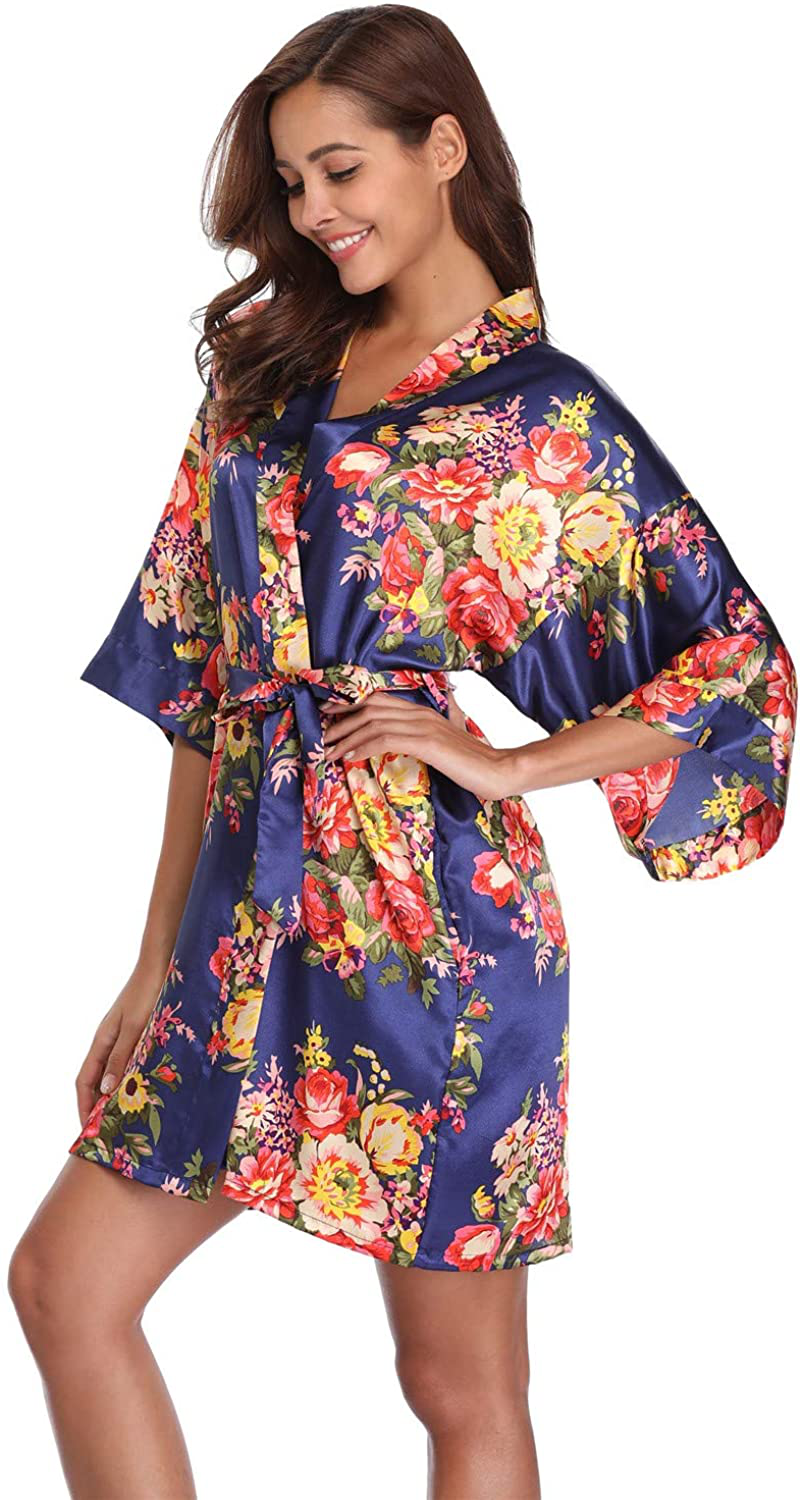 Women'S Floral Satin Kimono Robes Short Bridesmaid Robes for Wedding Party Apparel & Accessories > Clothing > Sleepwear & Loungewear > Robes Super Shopping-zone Navy With Pocekts Large 
