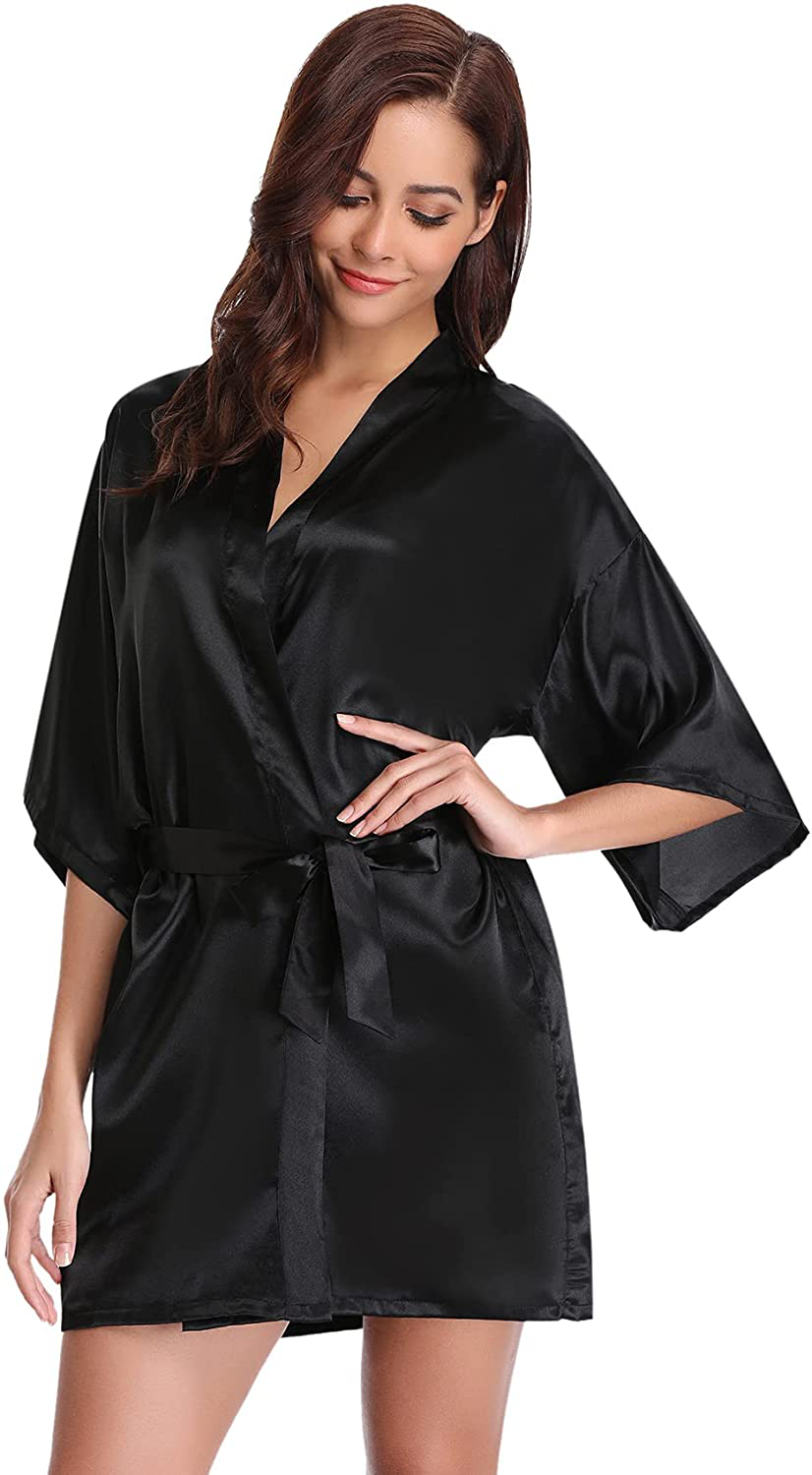 Litherday Women'S Kimono Robe Silk Bathrobe Sleepwear Short Satin Robes for Bridal Bridesmaids Dressing Gown Apparel & Accessories > Clothing > Sleepwear & Loungewear > Robes Litherday Black Medium 