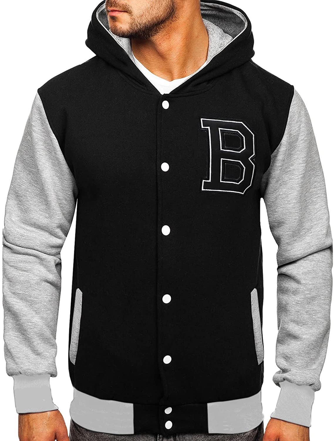 Merthy Mens Classic Varsity Baseball Jackets with Hood Casual Slim Fit Snap Buttons Cotton Uniform Bomber Jackets Coats Apparel & Accessories > Clothing > Underwear & Socks > Shapewear Merthy   