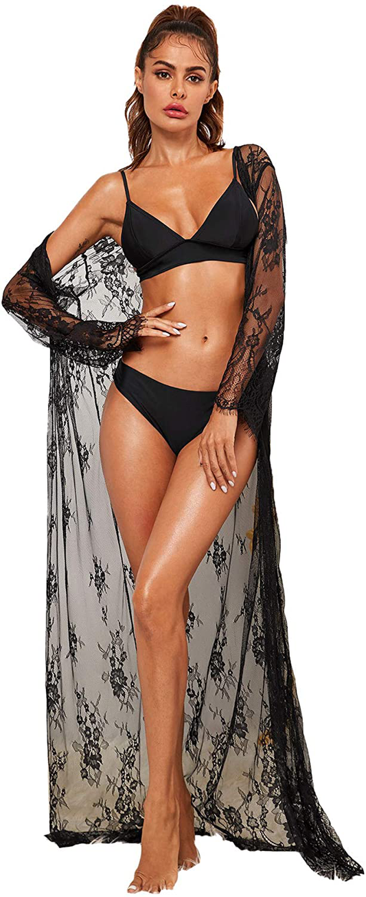 Verdusa Women'S Floral Lace Long Sleeve Sheer Belted Long Lingerie Kimono Robe Apparel & Accessories > Clothing > Sleepwear & Loungewear > Robes Verdusa Black Medium 