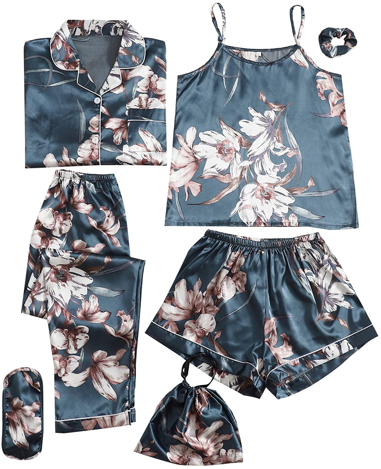 DIDK Women'S Satin 7Pcs Pajama Set Cami Pjs with Shirt and Eye Mask Sleepwear Apparel & Accessories > Clothing > Sleepwear & Loungewear Kylie Max   