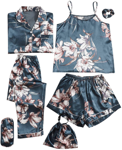 DIDK Women'S Satin 7Pcs Pajama Set Cami Pjs with Shirt and Eye Mask Sleepwear Apparel & Accessories > Clothing > Sleepwear & Loungewear Kylie Max   