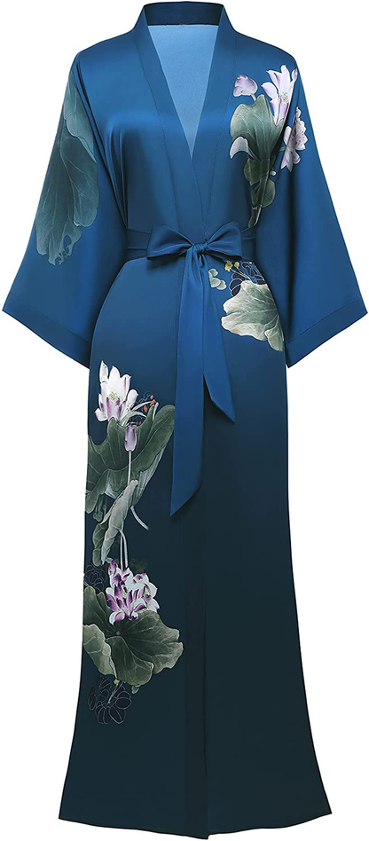 PRODESIGN Long Kimono Robe Satin Sleepwear Gradient Watercolor Silky Kimono Nightgown Bathrobe Kimono Blouse Cardigan Apparel & Accessories > Clothing > Sleepwear & Loungewear > Robes KYLIE MAX Lotus - Dark Green  