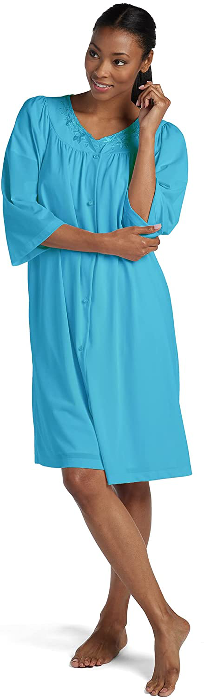 Miss Elaine Robe - Women'S Nylon Tricot Short Button Robe, Side Pockets and 3/4 Sleeves Apparel & Accessories > Clothing > Sleepwear & Loungewear > Robes Miss Elaine Sky Blue Medium 
