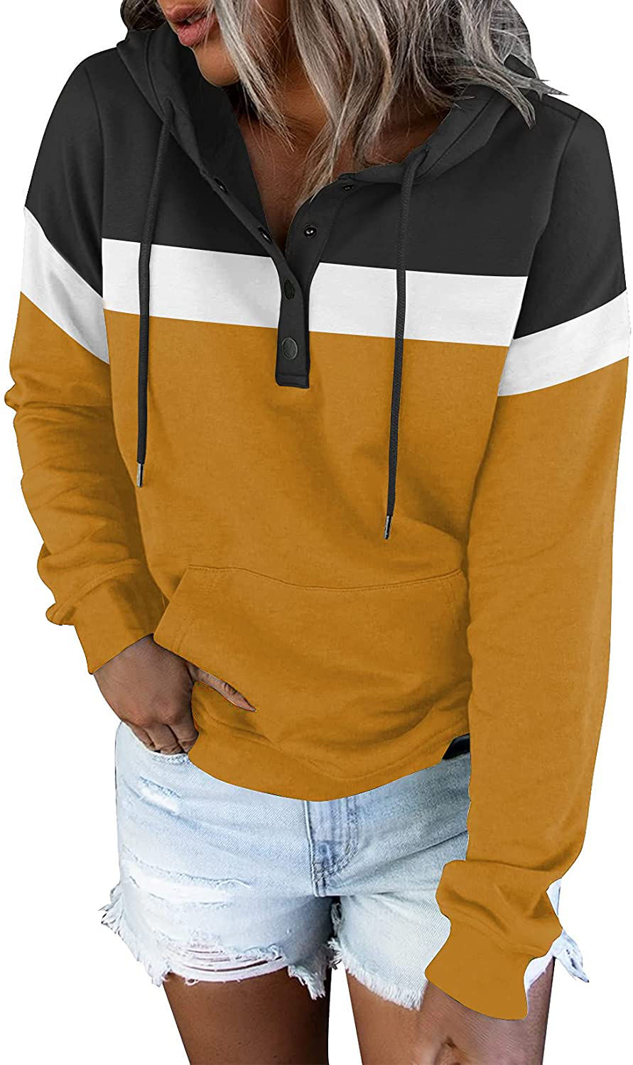 Women'S Casual Color Block Hoodies Long Sleeve Tops Button down Drawstring Pullover Sweatshirts with Pocket Apparel & Accessories > Clothing > Activewear Kylie Max   