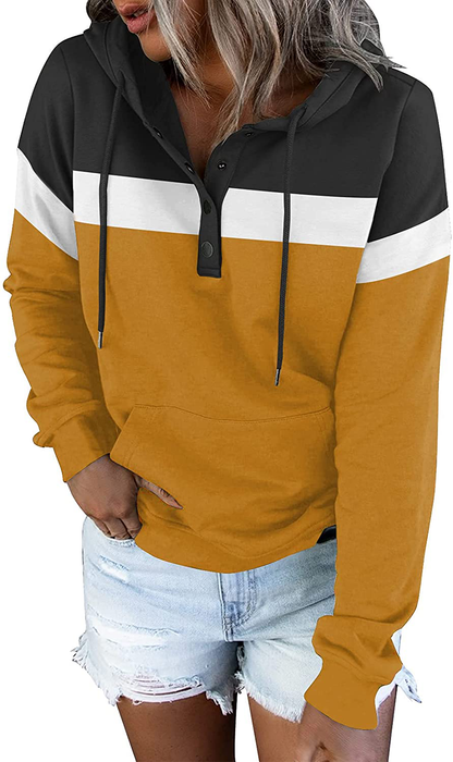 Women'S Casual Color Block Hoodies Long Sleeve Tops Button down Drawstring Pullover Sweatshirts with Pocket Apparel & Accessories > Clothing > Activewear Kylie Max   