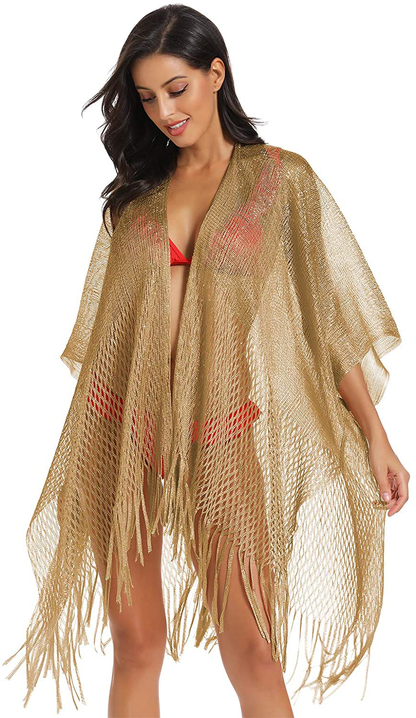 Metallic Sparkly Kimono Cardigan Swimsuit Beach Bikini Cover Ups Open Front Casual Blouse Tops Apparel & Accessories > Clothing > Swimwear Kylie Max   