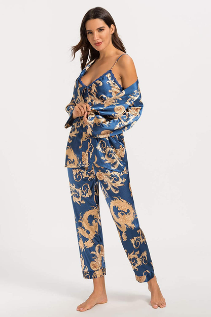 Escalier Women'S Silk Satin Pajamas Set 3 Pcs Floral Silky Pj Sets Sleepwear Cami Nightwear with Robe and Pant Apparel & Accessories > Clothing > Sleepwear & Loungewear Kylie Max   
