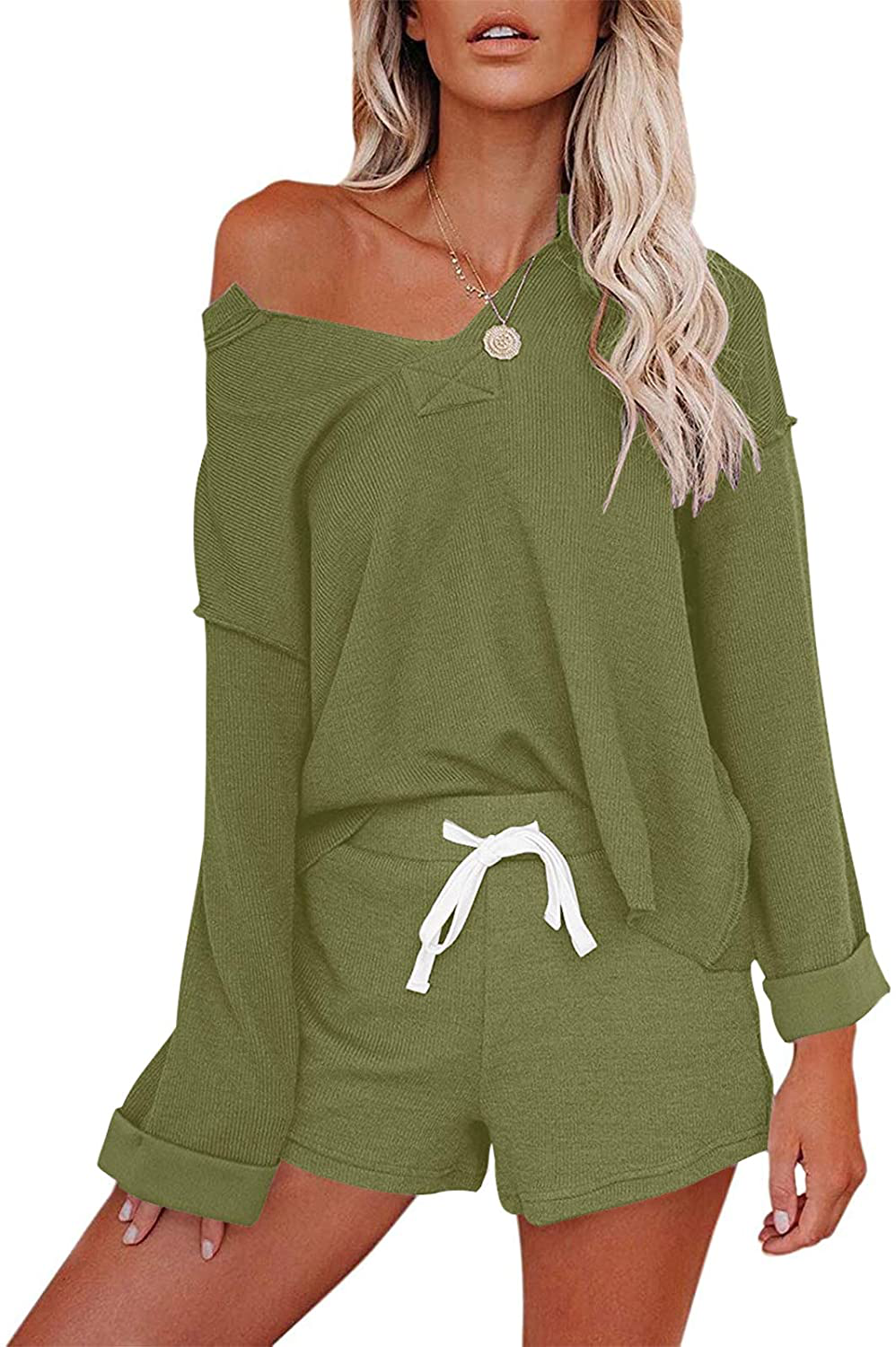 MEROKEETY Women's Long Sleeve Pajama Set Henley Knit Tops and Shorts Sleepwear Loungewear Apparel & Accessories > Clothing > Sleepwear & Loungewear > Pajamas MEROKEETY Green Medium 