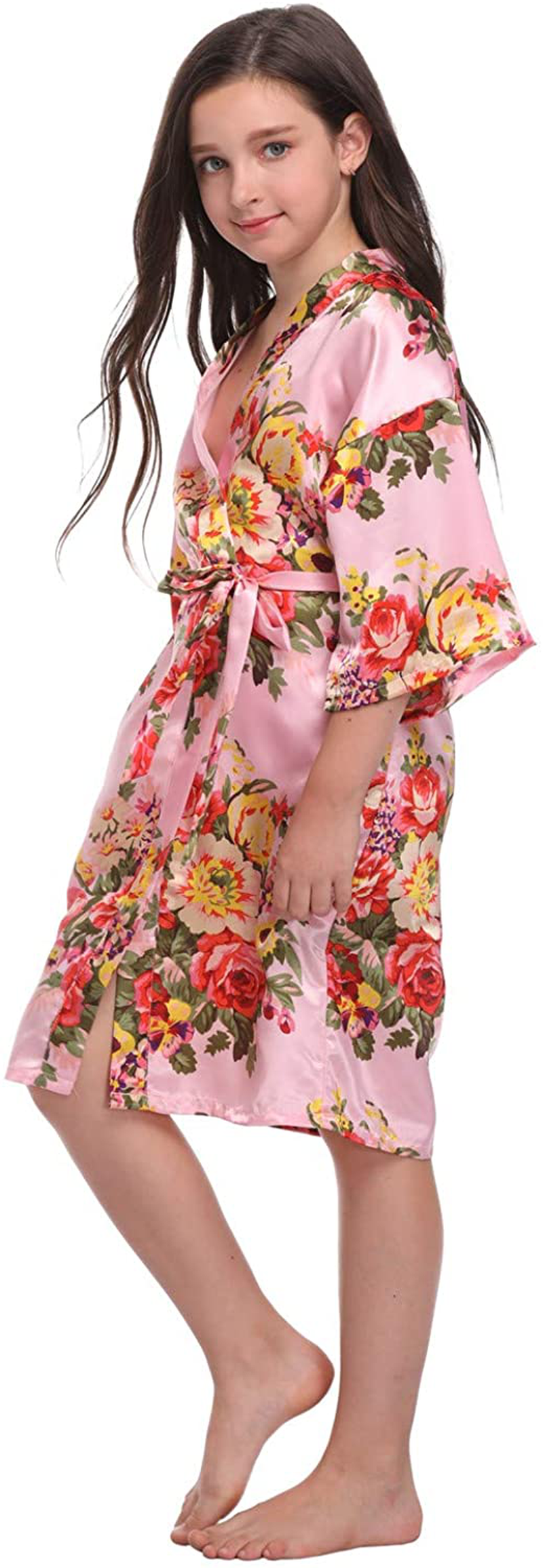 Girls Floral Satin Robes for Spa Party Flower Girl Robes Toddler Wedding Silk Robes Apparel & Accessories > Clothing > Sleepwear & Loungewear > Robes Kylie Max   