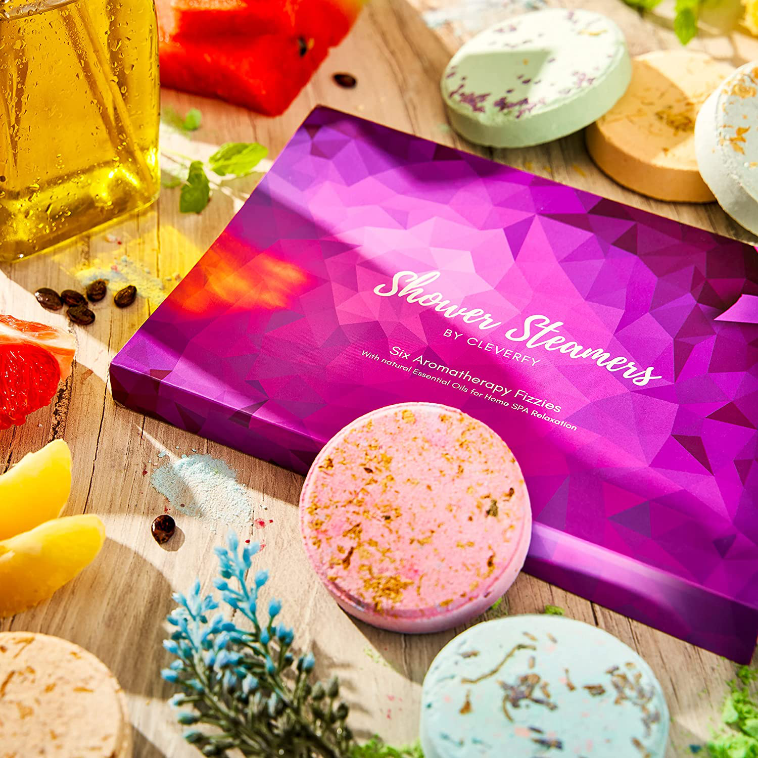 Cleverfy Aromatherapy Shower Steamers - Variety Pack of 6 Shower Bombs with Essential Oils. Purple Set: Lavender, Watermelon, Grapefruit, Menthol & Eucalyptus, Vanilla & Sweet Orange, Peppermint Arts & Entertainment > Party & Celebration > Gift Giving CLEVERFY   
