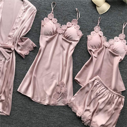 SAPJON Women'S 4Pcs Silk Satin Pajama Set Sexy Cami Top Nightgown Lace Sleepwear Robe Sets Nightdress with Chest Pads Apparel & Accessories > Clothing > Sleepwear & Loungewear Kylie Max   