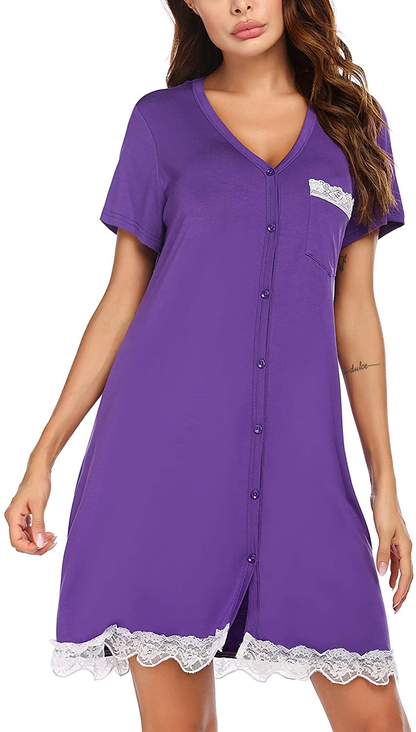 Ekouaer Women'S Nightgown Striped Tee Short Sleeve Cotton Sleep Nightshirt Button down Pajama Dress S-XXXL Apparel & Accessories > Clothing > Sleepwear & Loungewear > Nightgowns Kylie Max   
