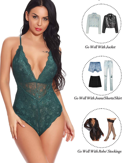 Kaei&Shi V-Neck See Through Lingerie Floral Lace Babydoll Sexy Lingerie for Women One Piece Bodysuit Apparel & Accessories > Clothing > Underwear & Socks > Lingerie Kaei&Shi   