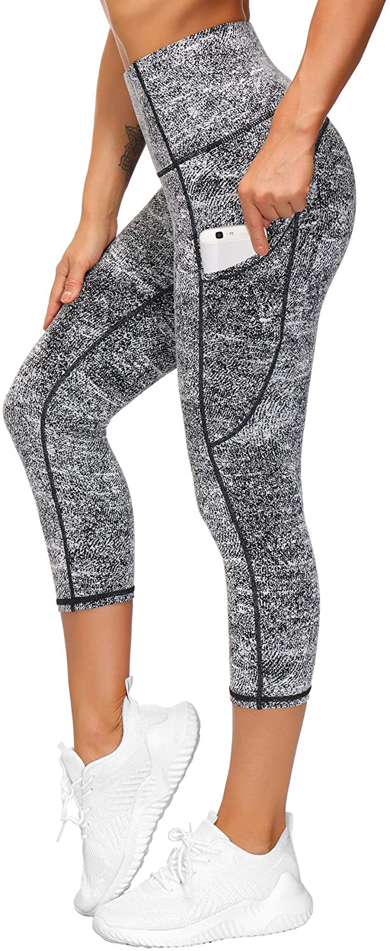 THE GYM PEOPLE Thick High Waist Yoga Pants with Pockets, Tummy Control Workout Running Yoga Leggings for Women Apparel & Accessories > Clothing > Activewear THE GYM PEOPLE Z-capris Black & White Jacquard X-Large 