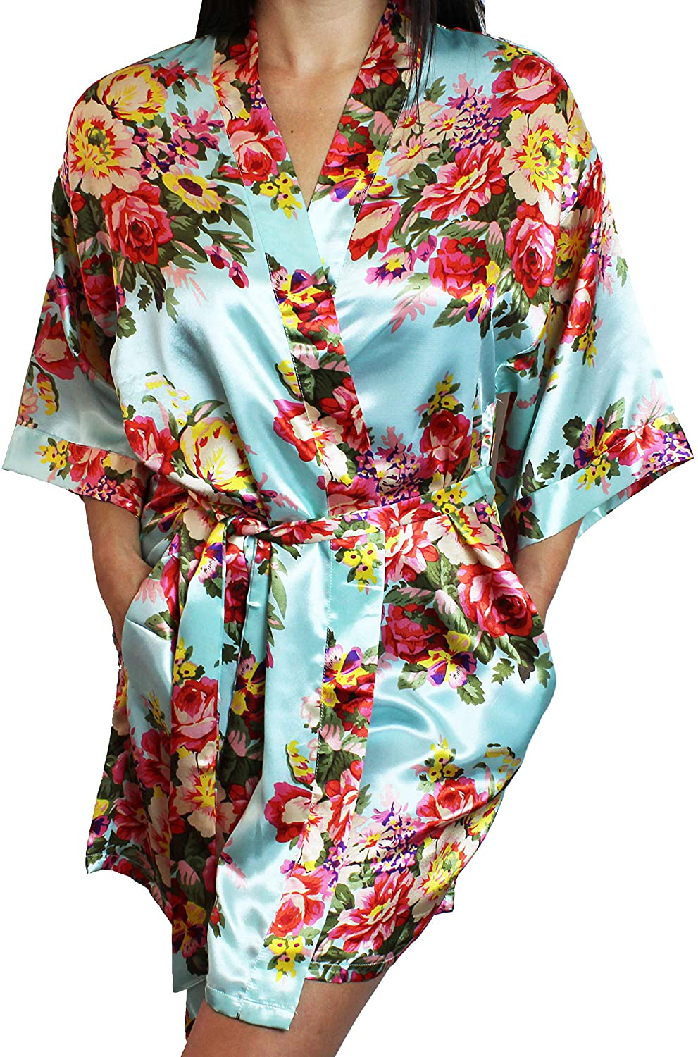Women'S Floral Satin Kimono Short Bridesmaid Robe with Pockets - Silky Touch Apparel & Accessories > Clothing > Sleepwear & Loungewear > Robes Ms Lovely   