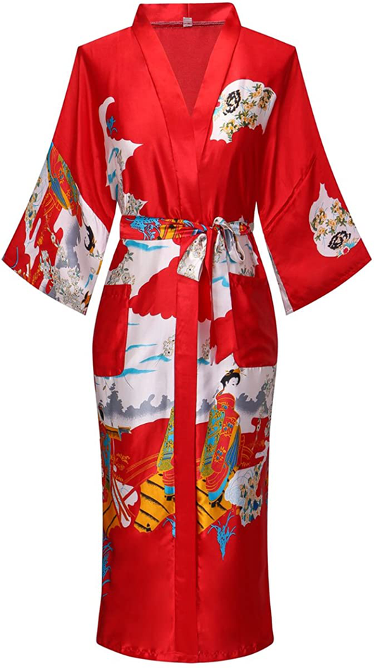 Valennia Floral Pattern Kimono Robe Long Bathrobe for Women Apparel & Accessories > Clothing > Sleepwear & Loungewear > Robes Valennia Pagoda Red X-Large 