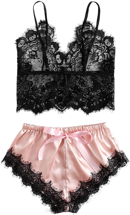 SOLY HUX Women'S Lace Sheer Cami Top with Satin Shorts Pajama Set Sleepwear Apparel & Accessories > Clothing > Sleepwear & Loungewear Kylie Max   