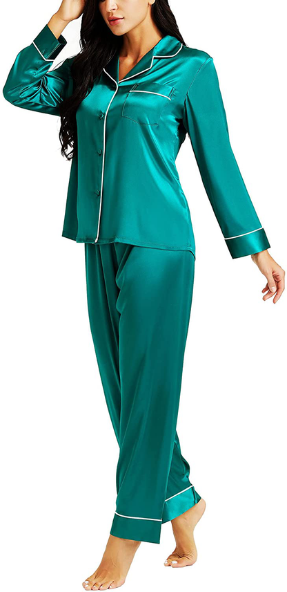 LONXU Womens Silk Satin Pajamas Set Button Down Sleepwear Loungewear XS~3XL Apparel & Accessories > Clothing > Sleepwear & Loungewear > Pajamas Lonxu Green Small 