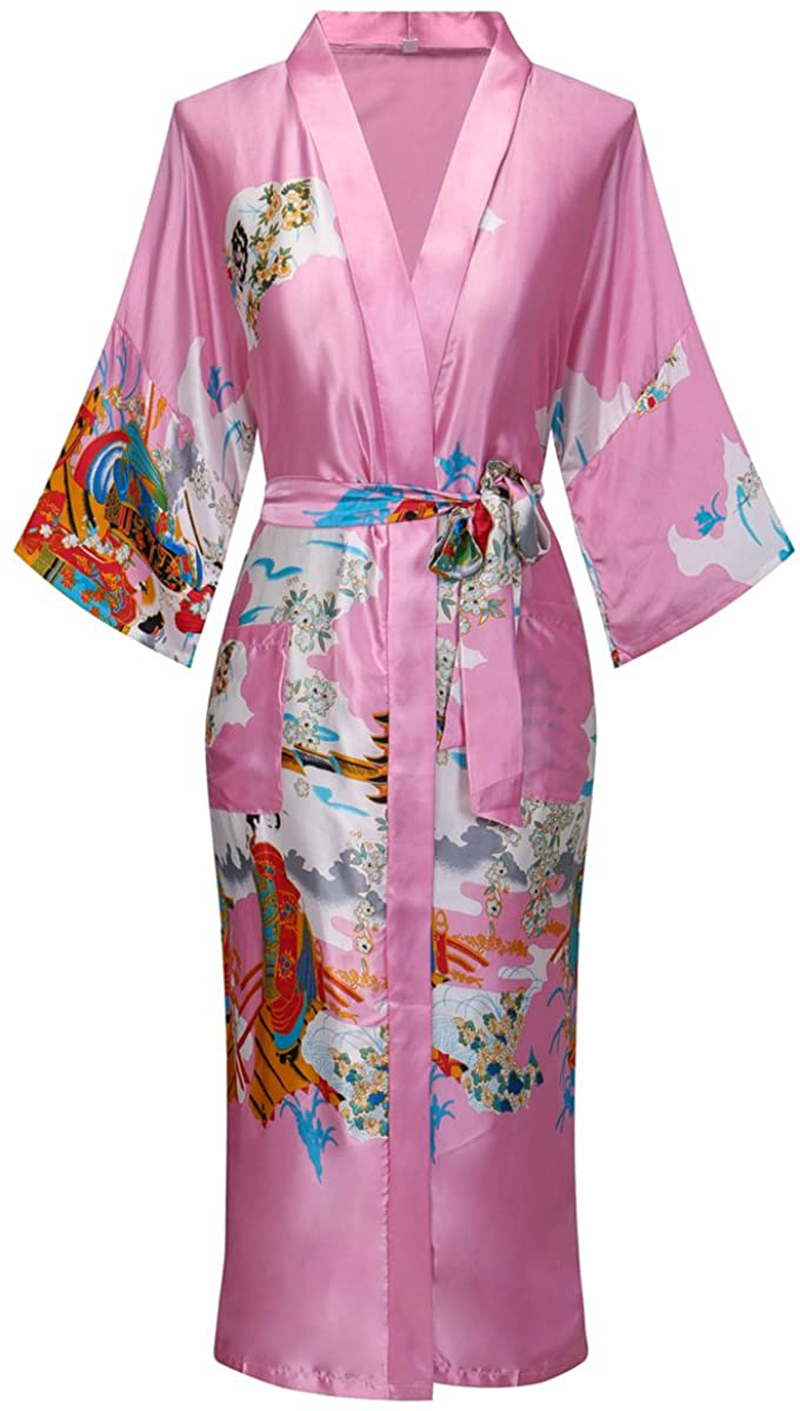 Dandychic Women'S Kimono Robes Lightweight Imitation Silk Sleepwear Long Lightweight Nightgown for Women Apparel & Accessories > Clothing > Sleepwear & Loungewear > Robes DandyChic Pink X-Large 