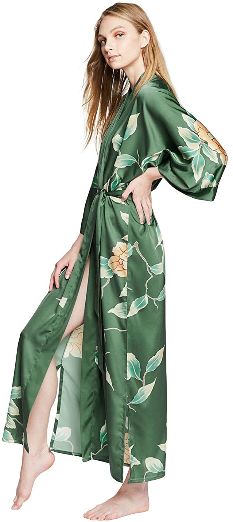 KIM+ONO Women'S Charmeuse Kimono Robe Long - Watercolor Floral Apparel & Accessories > Clothing > Sleepwear & Loungewear > Robes KIM+ONO Aimi - Forest  